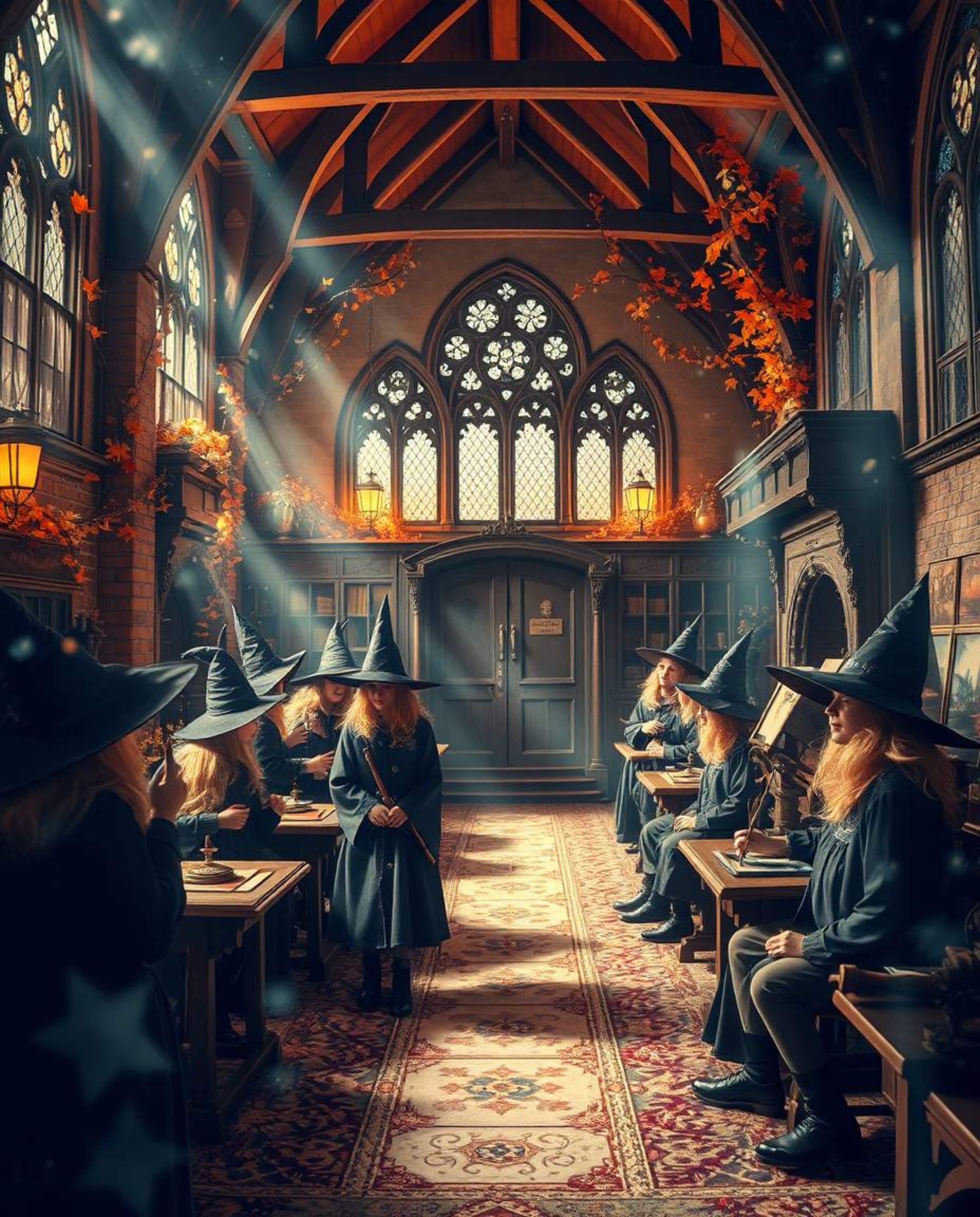 Discover a magical school brimming with young wizards, enveloped in an ethereal, autumnal atmosphere. Warm earthy tones and