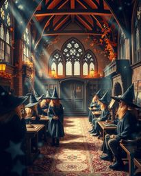 Discover a magical school brimming with young wizards, enveloped in an ethereal, autumnal atmosphere.  Warm earthy tones and 
