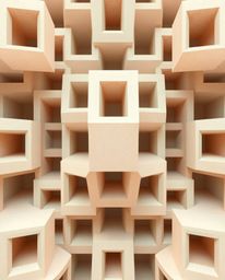 A precise architectural photograph showcasing a repetitive cube pattern in the style of Escher's impossible geometry.  The im