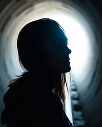 A captivating close-up shot featuring a person standing at the precipice of a tunnel, their gaze fixed on a distant light sou