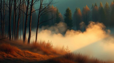 A captivating digital painting showcases the ethereal beauty of mist rising from a forest during the golden hour. The artwork