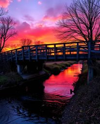 A photograph of an old wooden bridge over a river at sunset. This image showcases vibrant, complementary colors that work tog