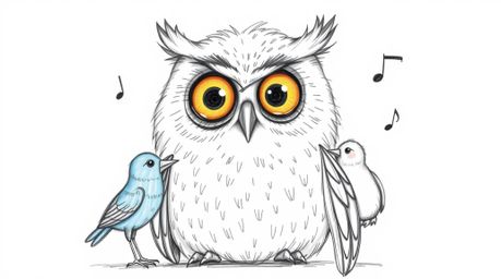 A heartwarming hand-drawn sketch in the style of Pixar depicts a blind owl with expressive, kind eyes, passionately teaching 