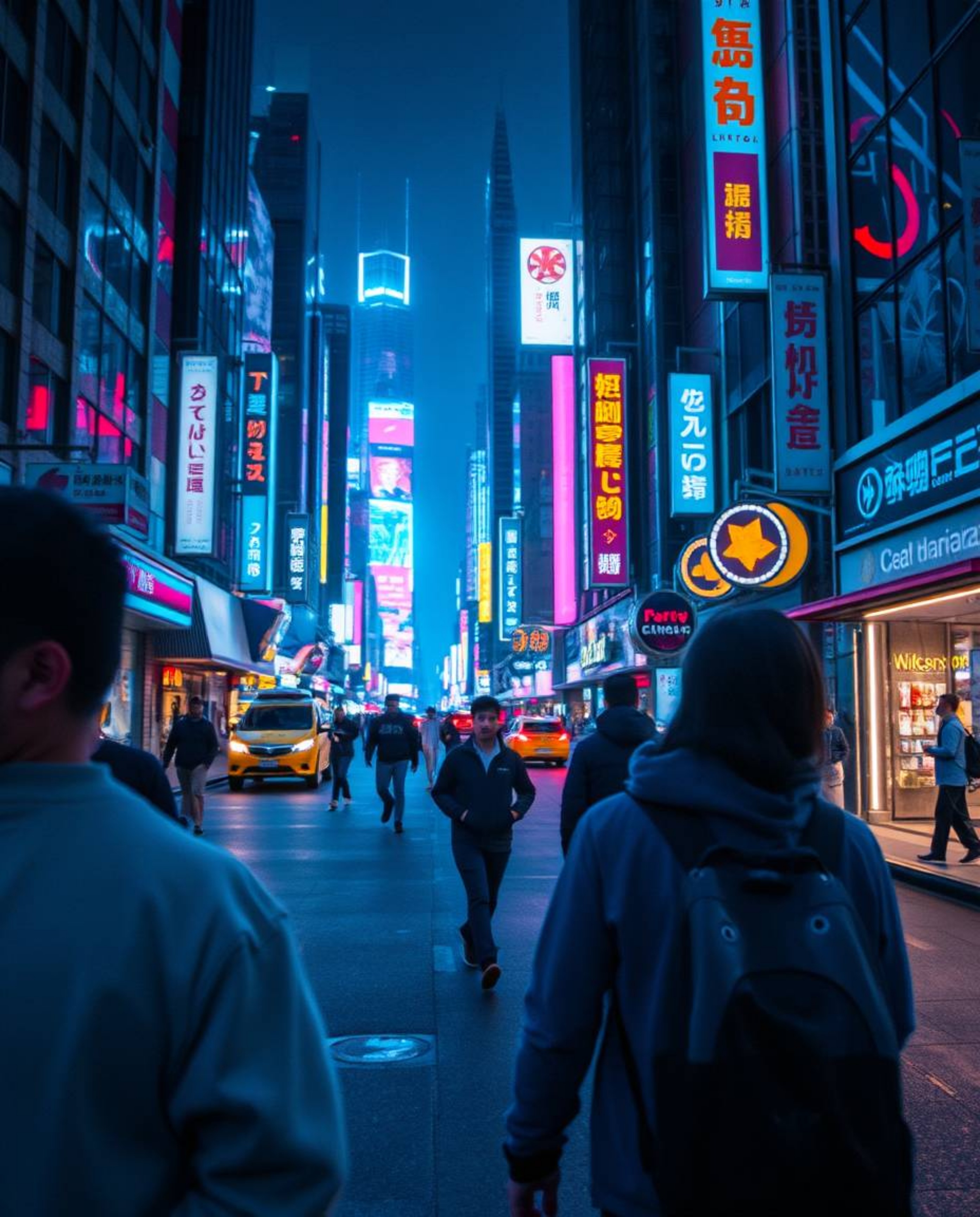 Experience captivating street photography capturing the vibrant bioluminescent glow of a futuristic city in glitch mode. Witn