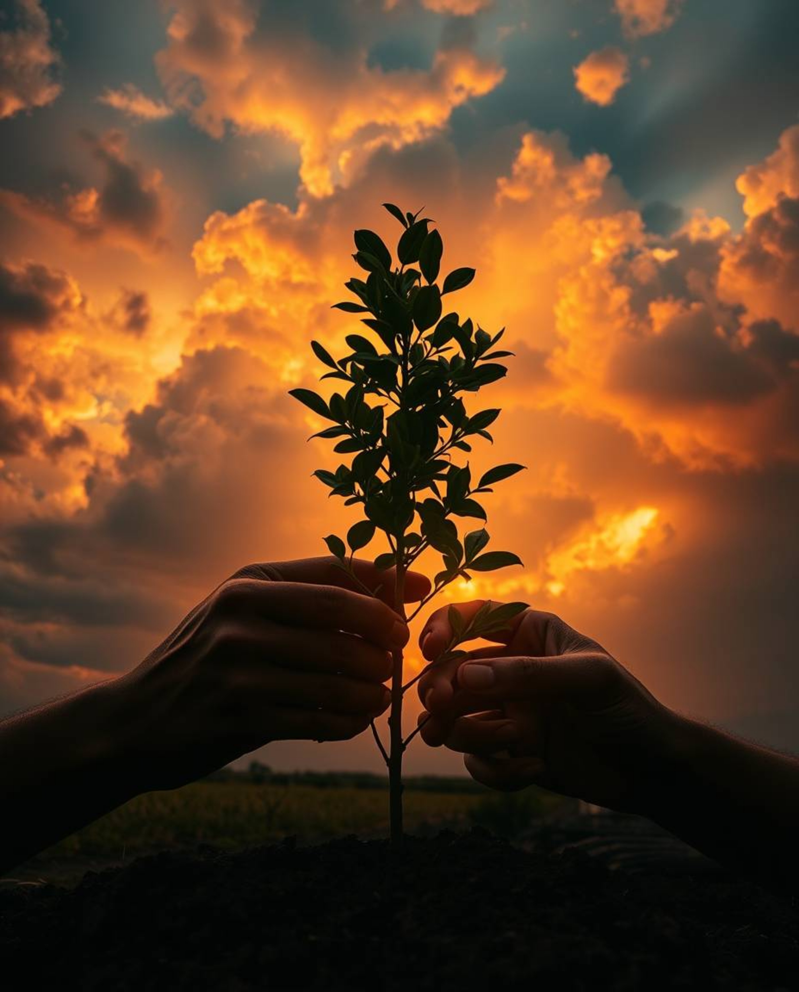 A captivating image depicts hands planting a tree against a dramatic, golden sky. Iridescent colors shimmer in the stormy clo