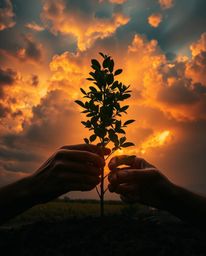 A captivating image depicts hands planting a tree against a dramatic, golden sky. Iridescent colors shimmer in the stormy clo