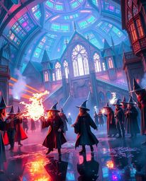 Discover an epic scene of a futuristic magical school brimming with young wizards. Experience vibrant iridescent colors, int