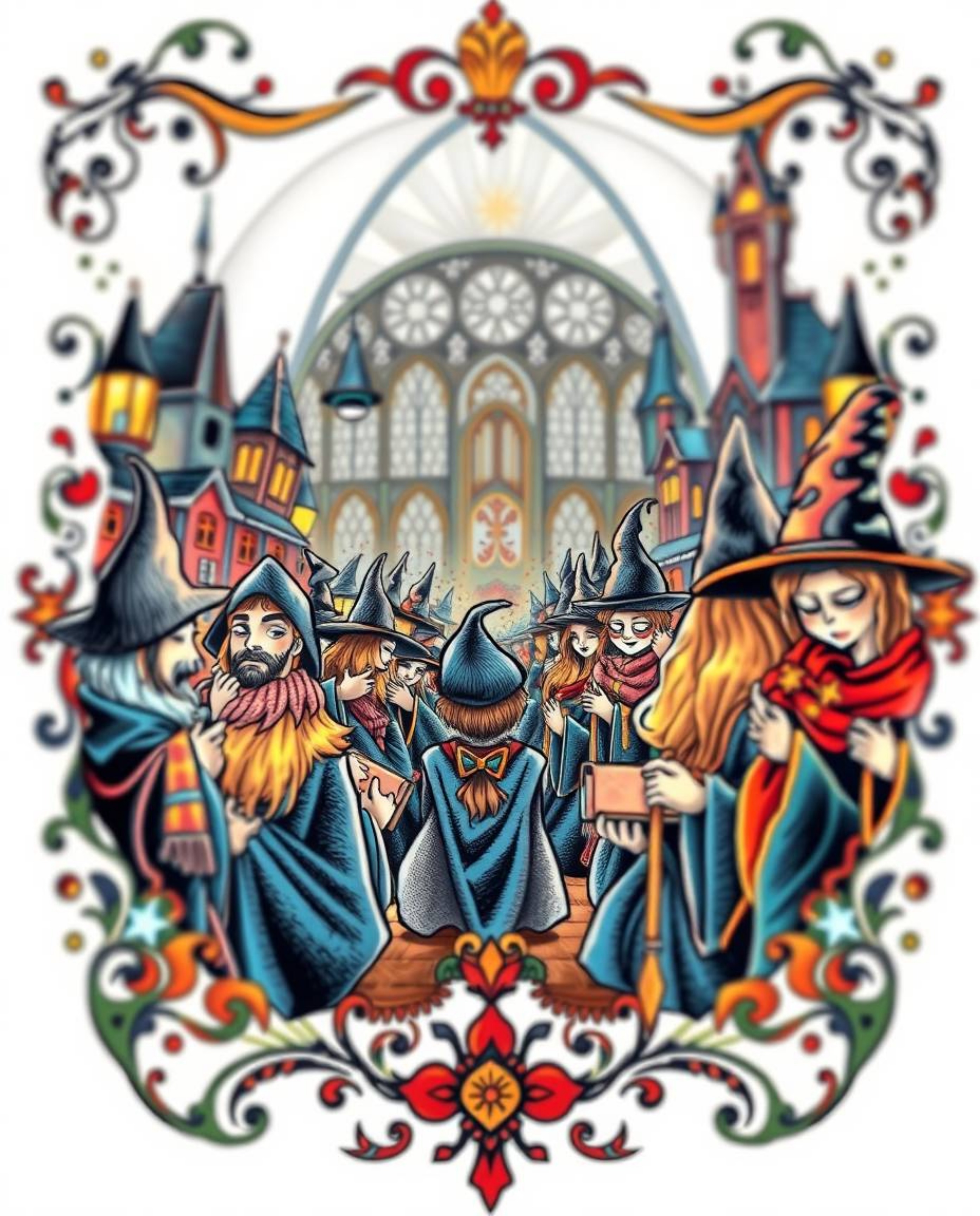 Explore this symbolic traditional tattoo art print featuring a magical school brimming with young wizards.  The design showca