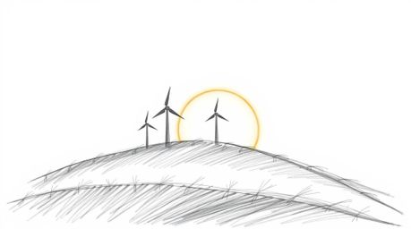 A captivating hand-drawn sketch depicts a serene sunset backdrop for wind turbines atop a hill, radiating an ethereal spiritu