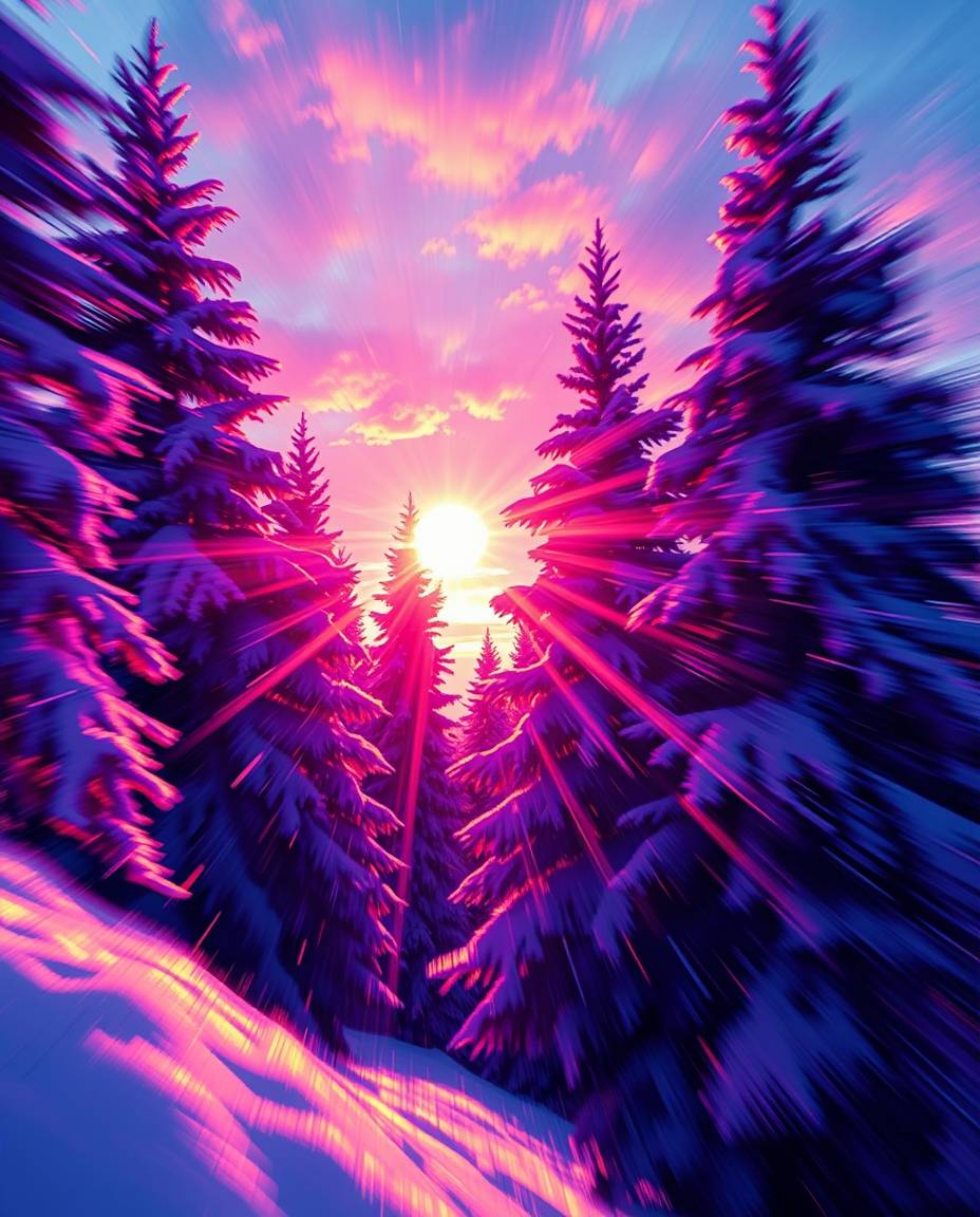 A dynamic, high-contrast digital painting captures the breathtaking moment of sunset light sparkling on snowy pine trees. Thi