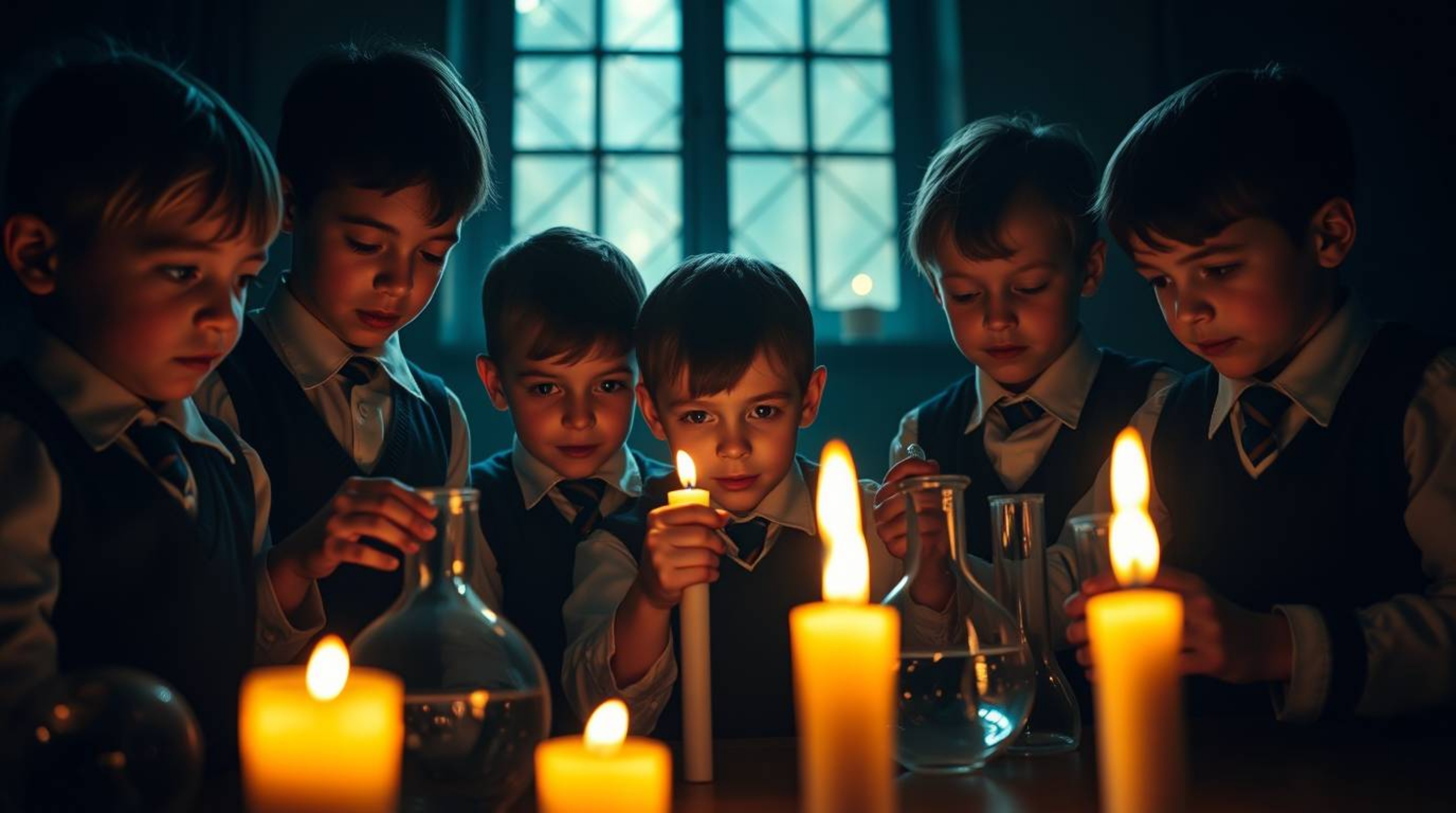 A captivating fine art photograph bathed in warm candlelight showcases a group of quirky children in school uniforms engrosse