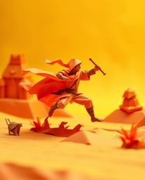 A brave, dynamic hero embarks on a thrilling desert adventure, rendered in intricate origami style.  Experience vibrant reds,