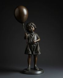 A captivating bronze sculpture portrays a child holding a balloon, captured in a striking moody style.  The low contrast and 
