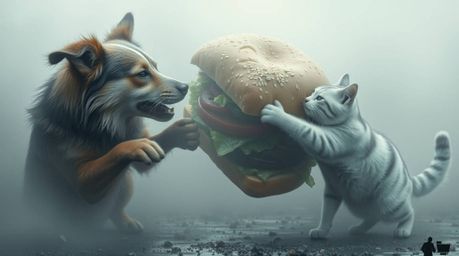 A futuristic sci-fi scene unfolds as a dog and cat engage in a comical battle over a colossal sandwich within a dense, foggy 