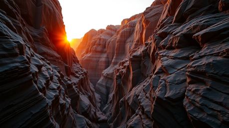 A stunning high-resolution stock photo captures a rocky canyon bathed in the warm hues of a setting sun.  The image boasts pr