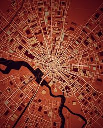 This fine art photograph presents an abstract city map, meticulously crafted from geometric shapes and captured from a bird's