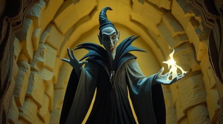 A classic Disney villain conjures a spell within the ancient walls of a castle, captured in a stunning artwork crafted from l