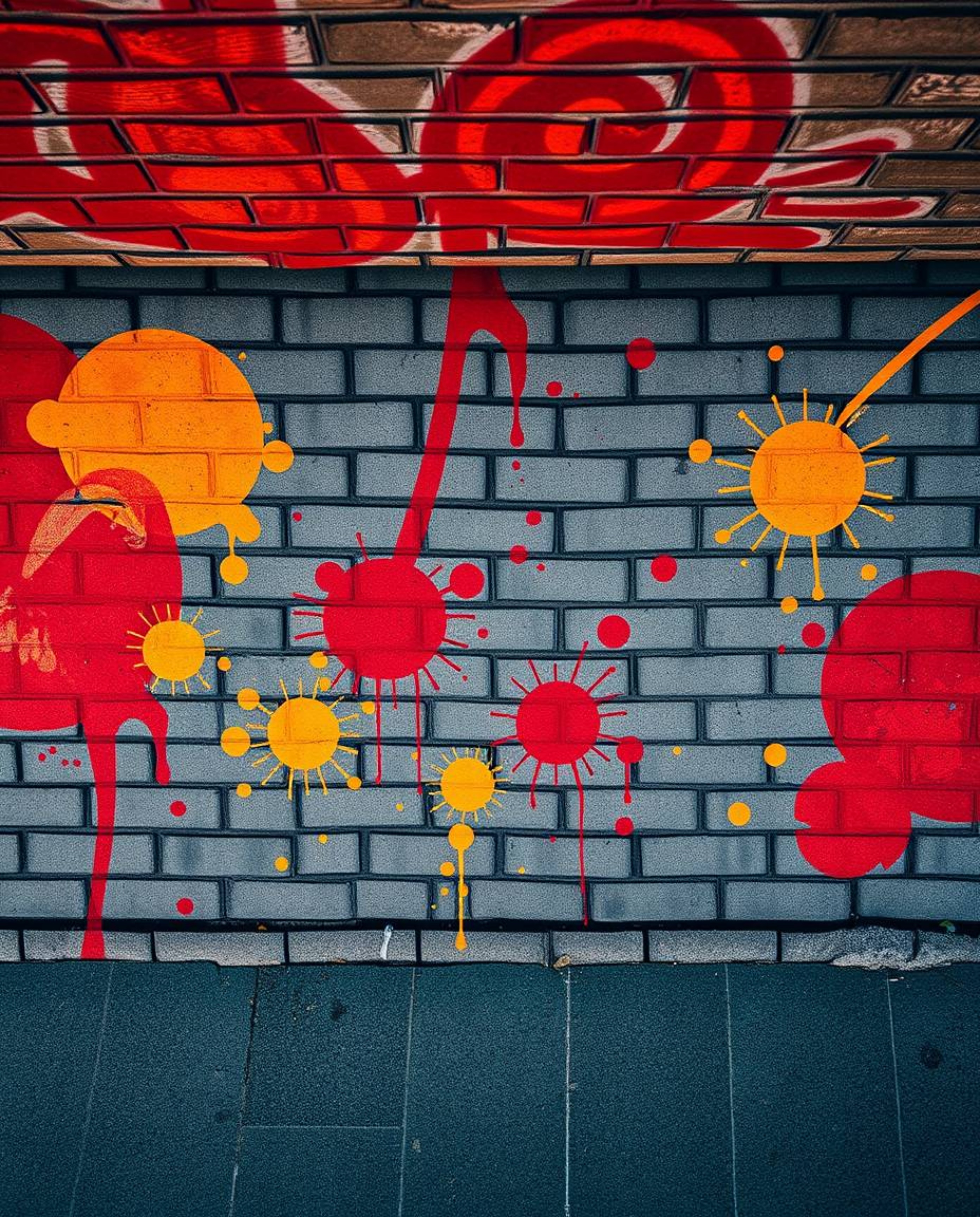 This image showcases vibrant graffiti-style splashes in warm tones of reds, oranges, and yellows adorning a textured brick wa