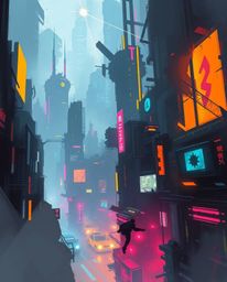A dynamic digital sketch depicts a futuristic city in glitch mode, rendered with loose painterly strokes to emphasize intense