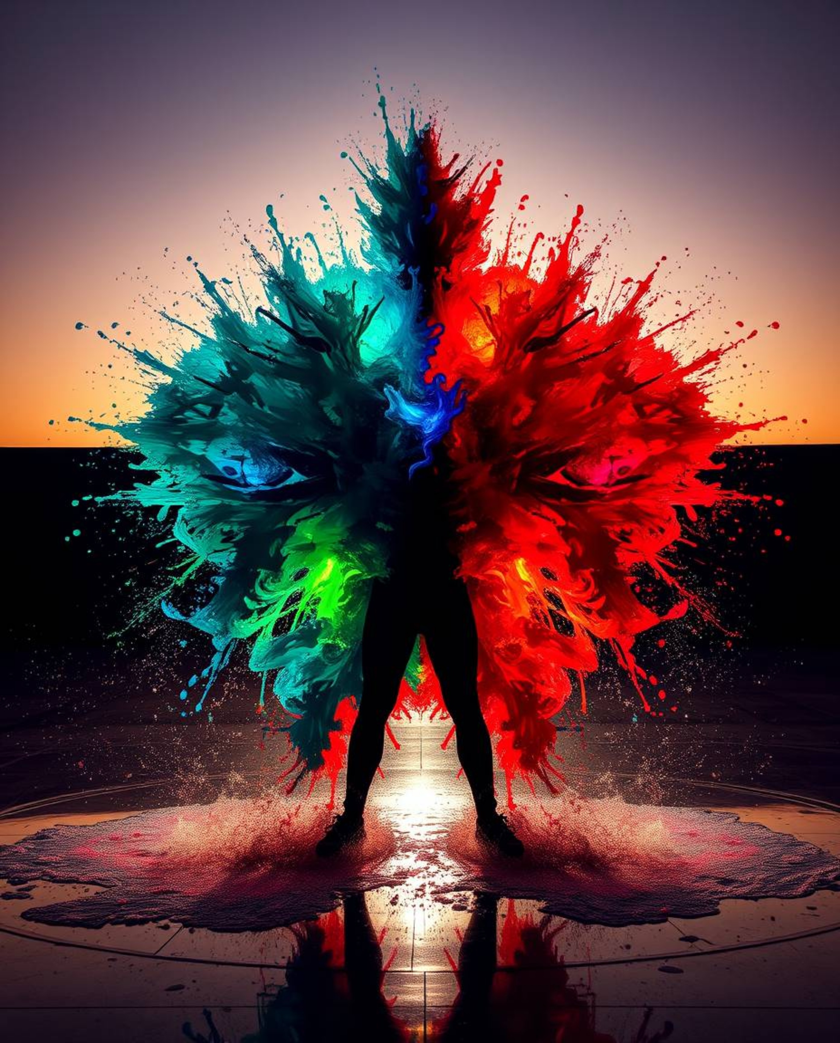 A captivating fine art photograph showcasing a dynamic and massive colorful splash pattern artfully forming a human silhouett