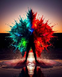 A captivating fine art photograph showcasing a dynamic and massive colorful splash pattern artfully forming a human silhouett