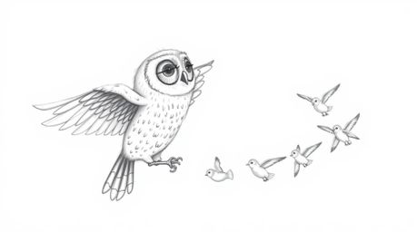 A captivating hand-drawn pencil sketch in Pixar style depicts a blind owl with beautifully textured feathers, guiding a group