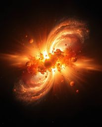 A breathtaking fine art photograph captures the dramatic collision of galaxies in a vibrant cosmic explosion.  The image feat