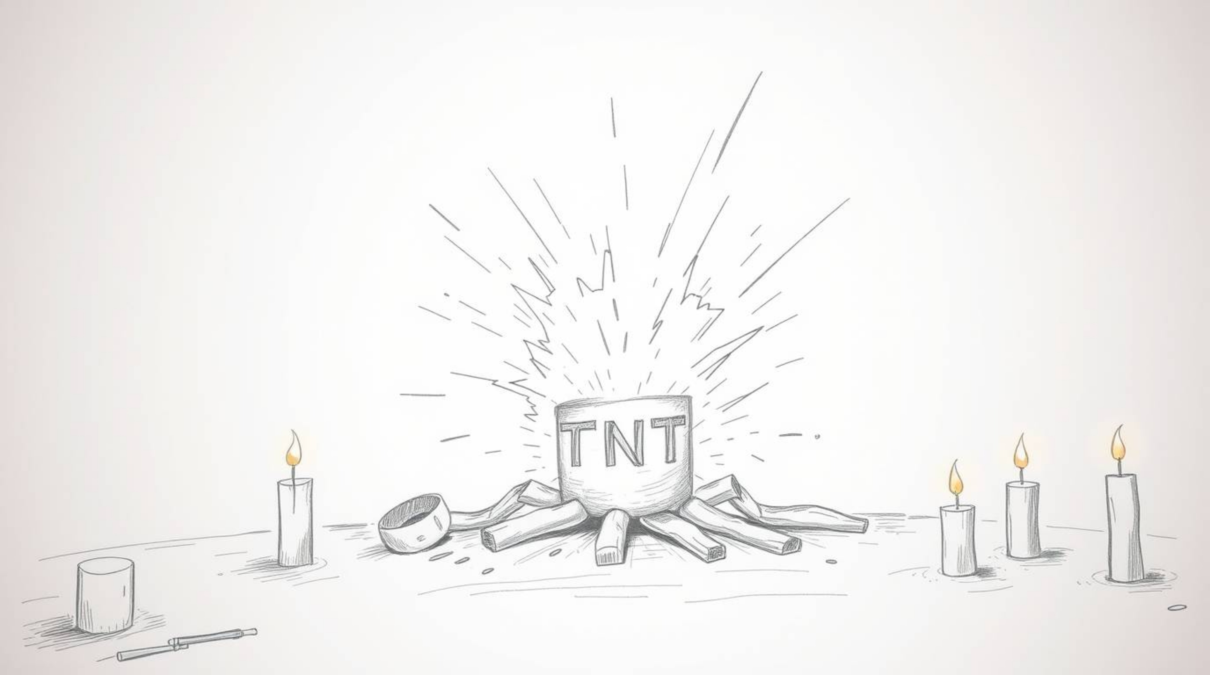 A hand-drawn sketch depicting a classic exploding TNT gag set in the Wild West.  The image features rough lines, textured pen