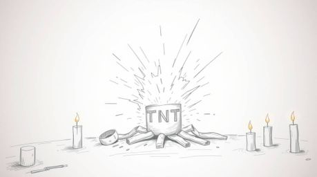 A hand-drawn sketch depicting a classic exploding TNT gag set in the Wild West.  The image features rough lines, textured pen