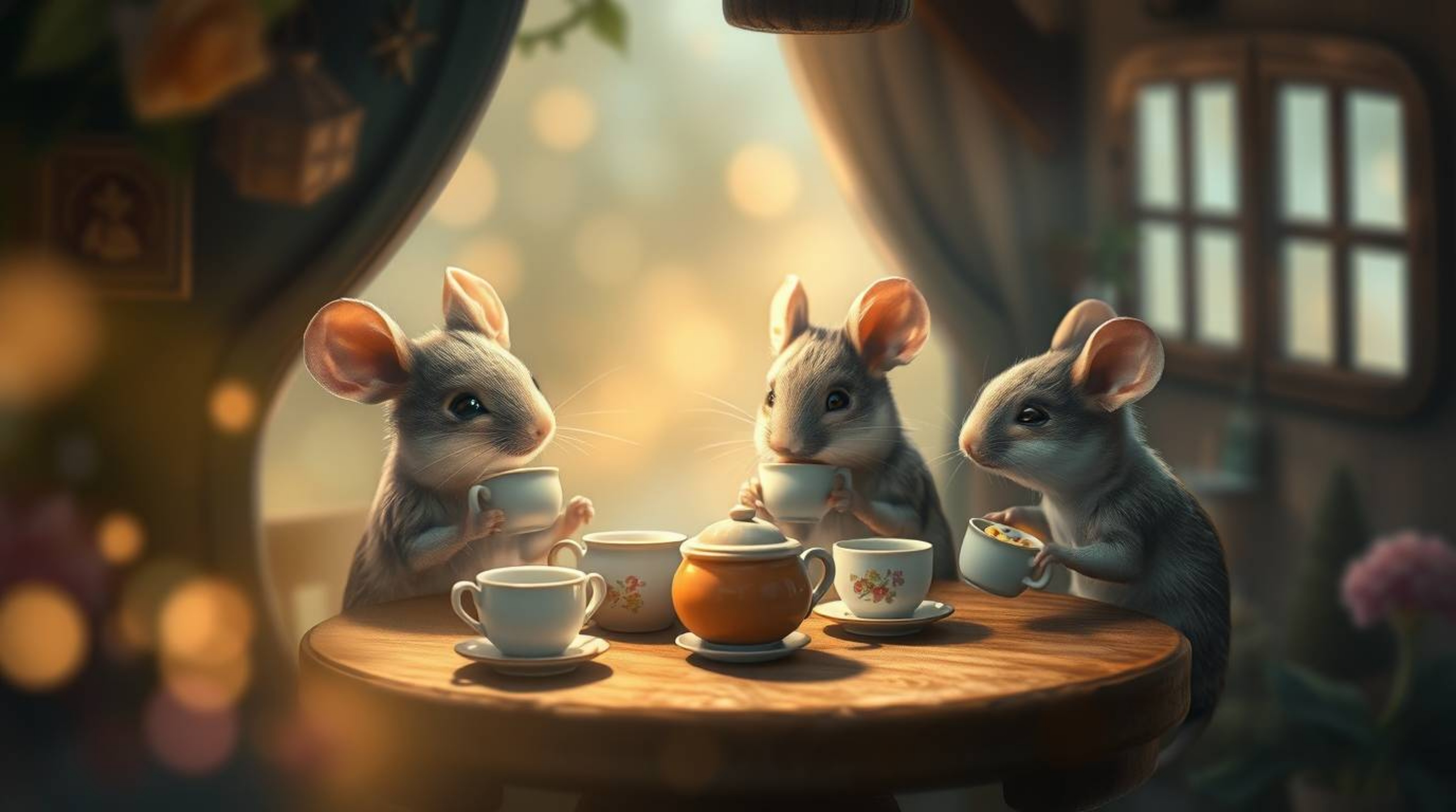 A captivating digital painting depicts anthropomorphic mice enjoying a tea party in a charming, cozy cottage.  The image feat