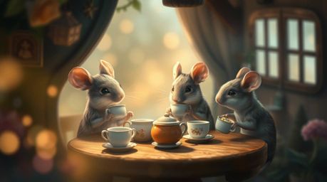 A captivating digital painting depicts anthropomorphic mice enjoying a tea party in a charming, cozy cottage.  The image feat