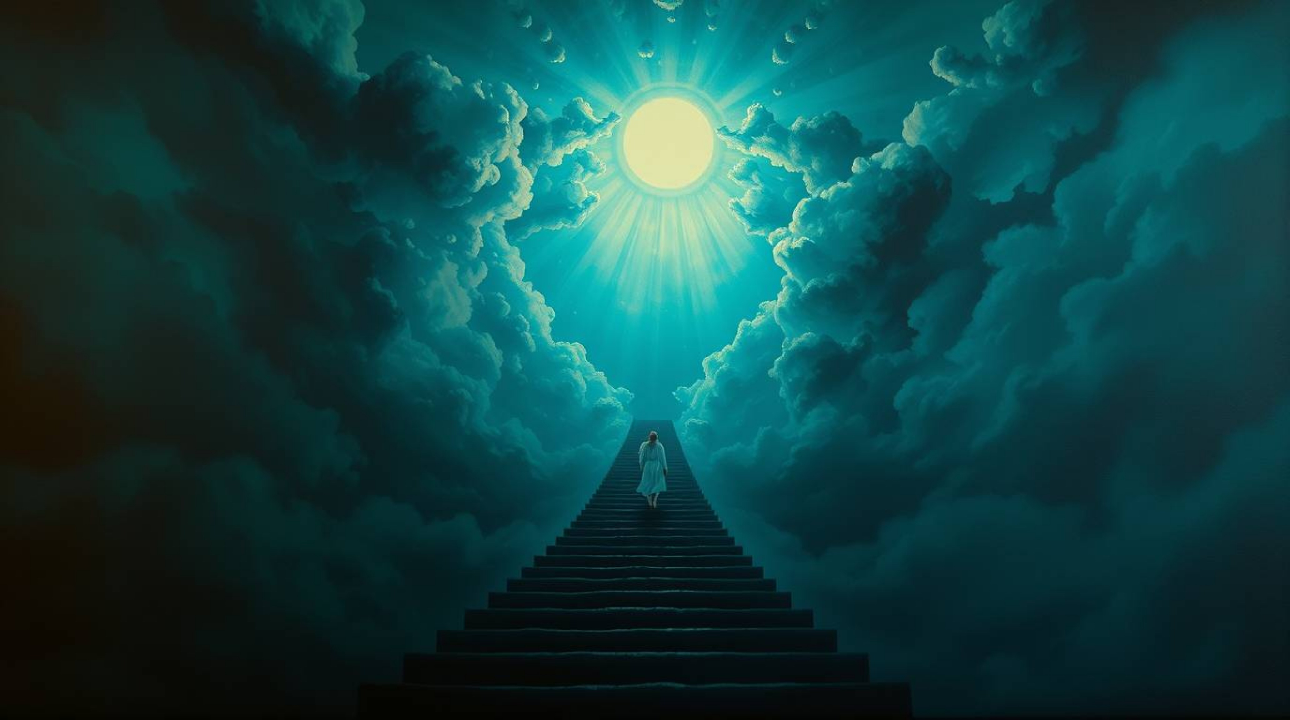 This captivating artwork features a rich, deep teal palette and masterful chiaroscuro lighting, depicting steps of light asce
