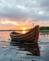 A boat drifting on a lake at sunset is uniquely imagined as if sculpted from clay, featuring distinct modeled shapes and rich