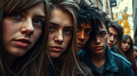 A gritty yet warm scene featuring rebellious teens in a grungy city alley bathed in autumn's embrace.  The close-up shot emph