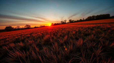 Experience the tranquil beauty of a high-angle sunset view over a quiet meadow. Warm autumn colors paint the landscape, creat