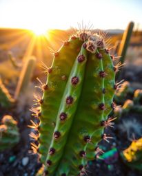 A stunning high-angle view captures a desert cactus glowing in the last rays of the sun. This elevated perspective beautifull
