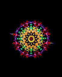 A dynamic geometric floral mandala bursts with vibrant colors and contrasting chiaroscuro lighting.  Its symmetric design fea