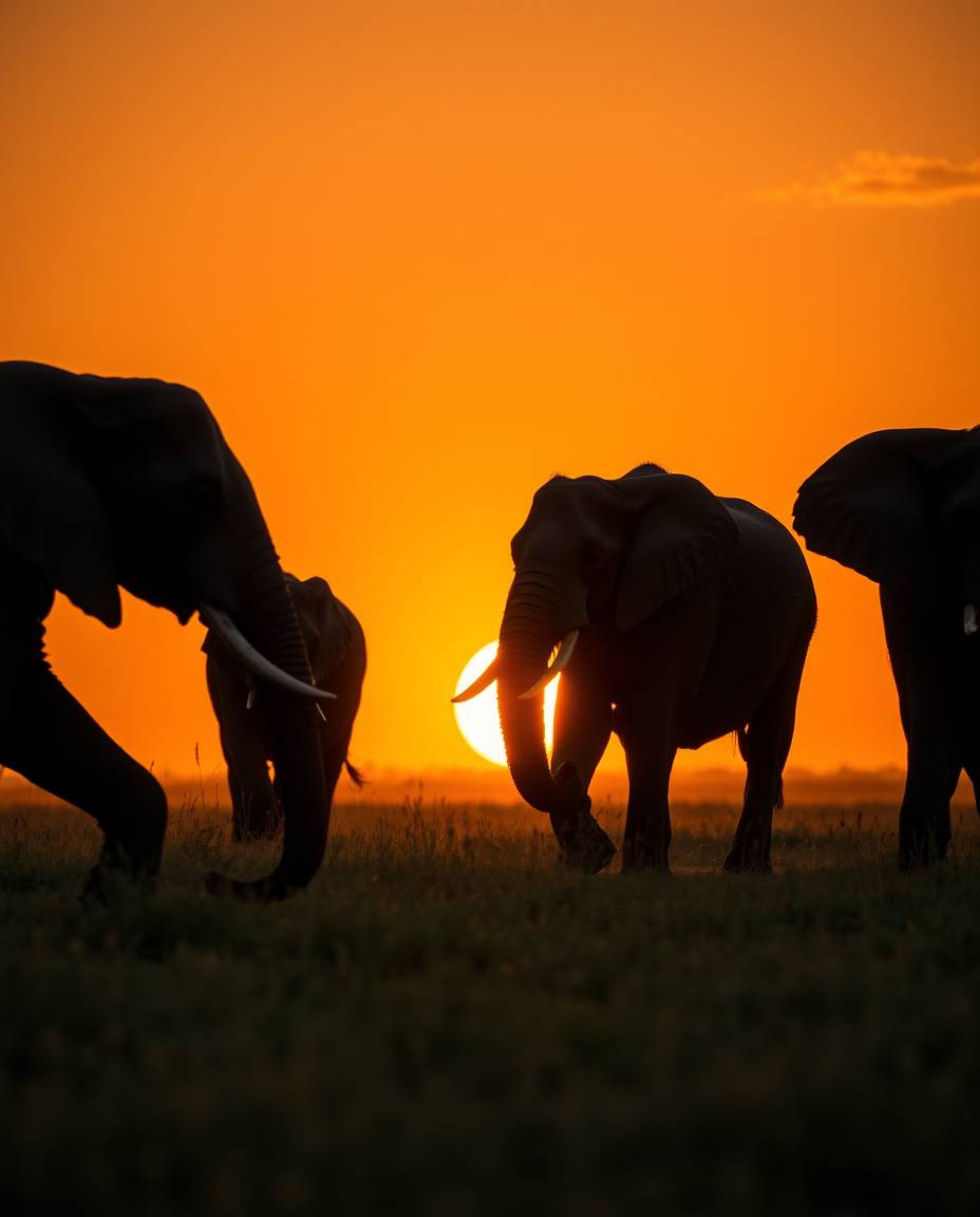 Unusual, warm-toned, slightly dark, professional photograph of jet-black elephants walking across a sunset field. Deep shadow