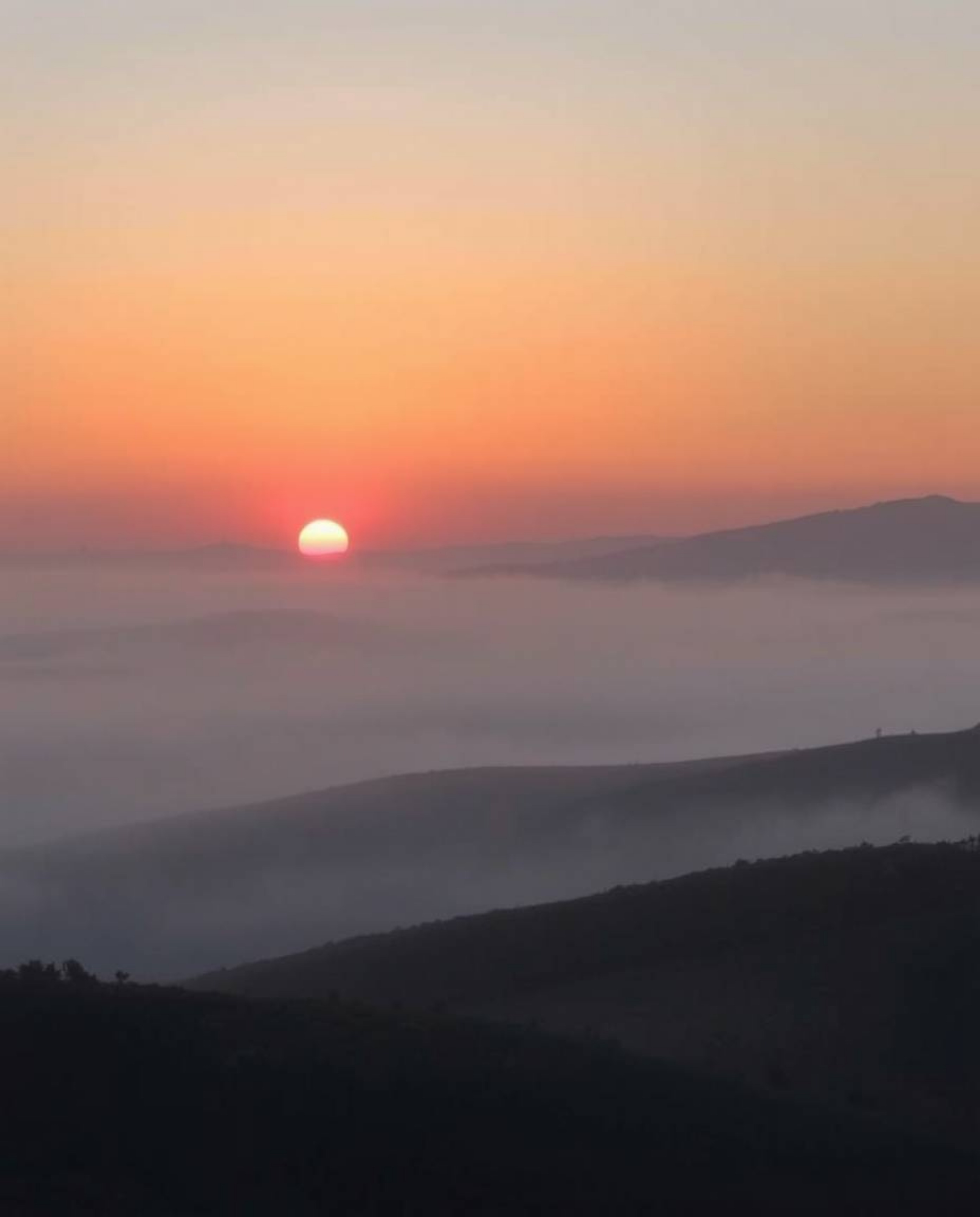 This is a photograph capturing a sunset over the misty, rolling hills of Tuscany. The image is defined by the presence of thi