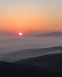 This is a photograph capturing a sunset over the misty, rolling hills of Tuscany. The image is defined by the presence of thi