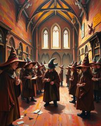 Discover a captivating oil painting depicting a magical school brimming with young wizards.  The artwork showcases rich textu