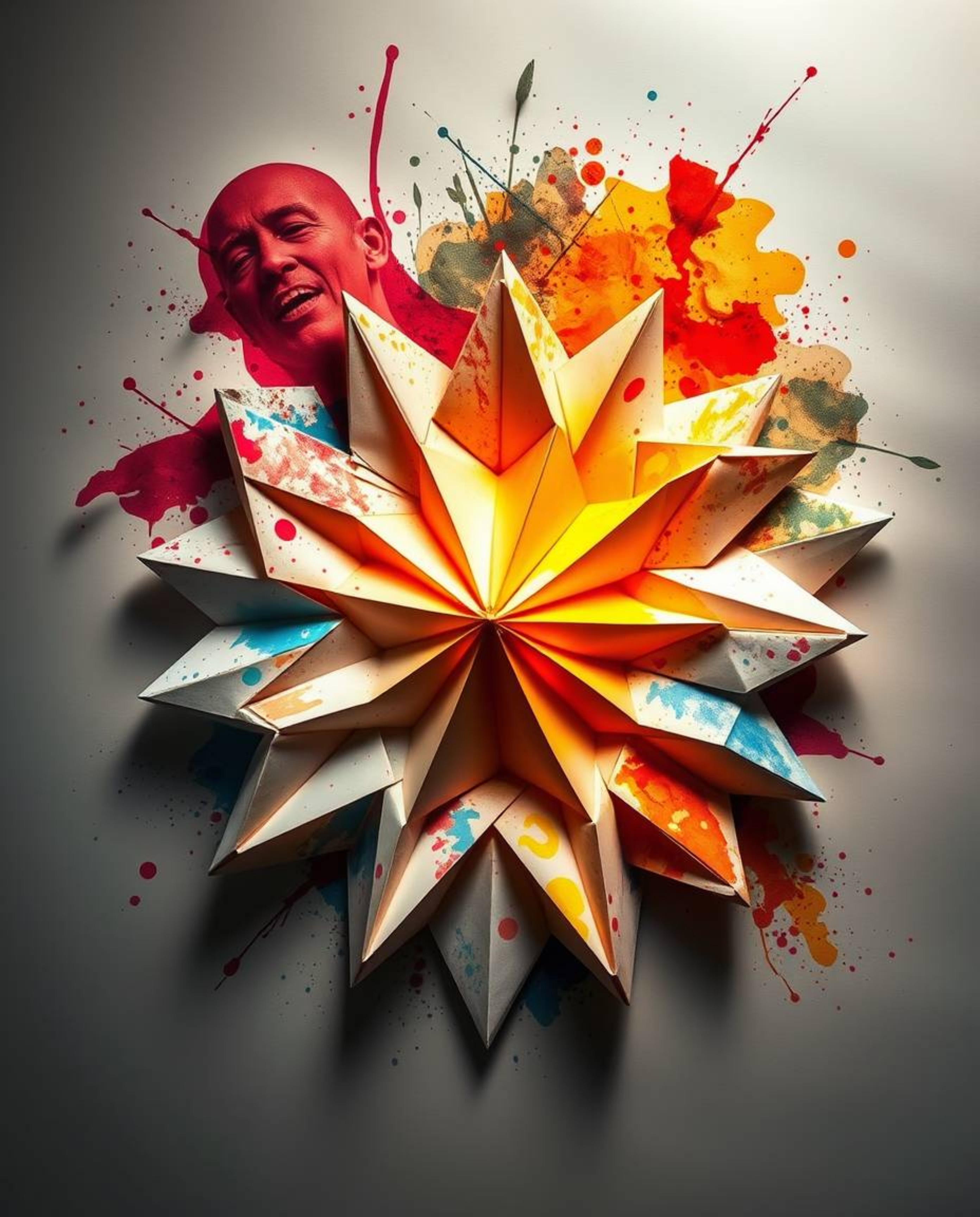 Explore a mesmerizing blend of intricate origami style and chaotic harmony, featuring vibrant watercolor splashes on folded p