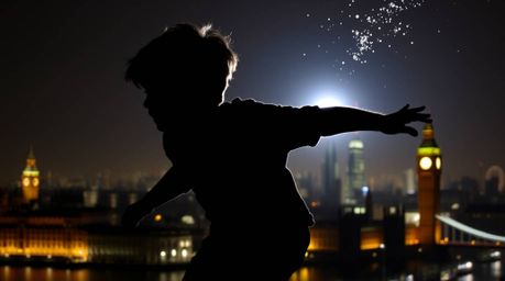 A captivating image showcases a silhouetted young boy with dark hair, soaring above the London skyline with shimmering pixie
