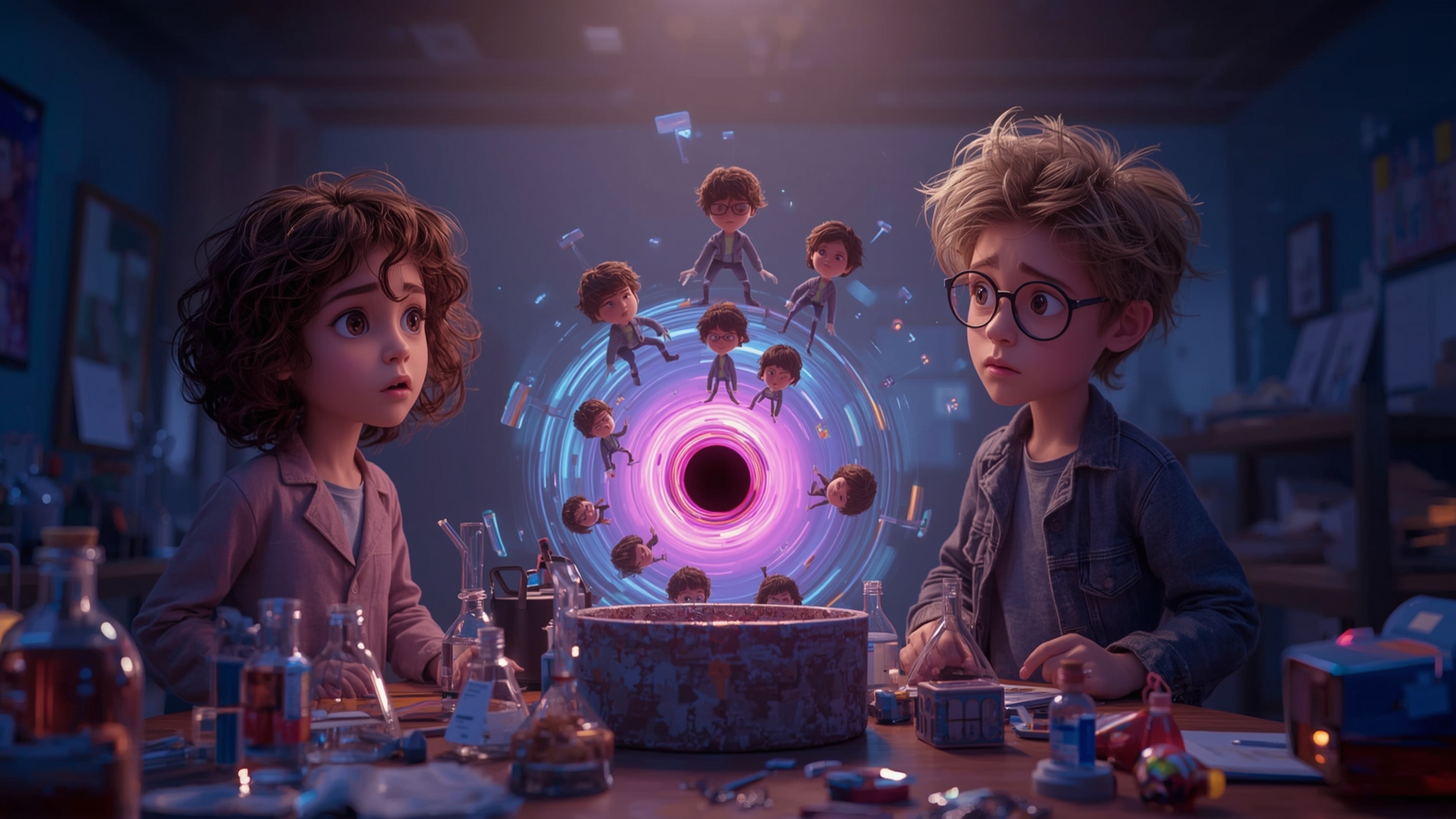 In a cinematic and stylized photograph reminiscent of Pixar animation, a duo of young inventors, a curious young woman and a 