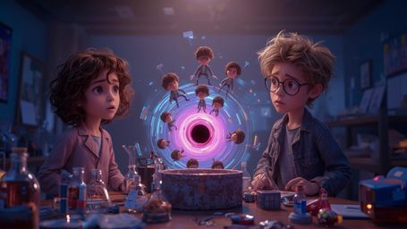 In a cinematic and stylized photograph reminiscent of Pixar animation, a duo of young inventors, a curious young woman and a 