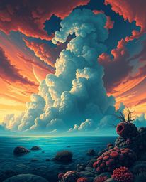 A dreamlike and surreal illustration depicts a colorful sky over a coral reef at low tide. The scene is defined by its use of