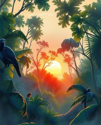 A high-angle, hand-drawn sketch in intense jet black, depicting a sunset viewed through a dense jungle canopy. This piece is 