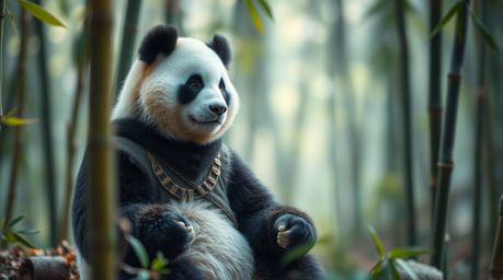 A captivating image of a serene martial artist panda deeply engrossed in meditation within a lush bamboo forest.  The sharp f