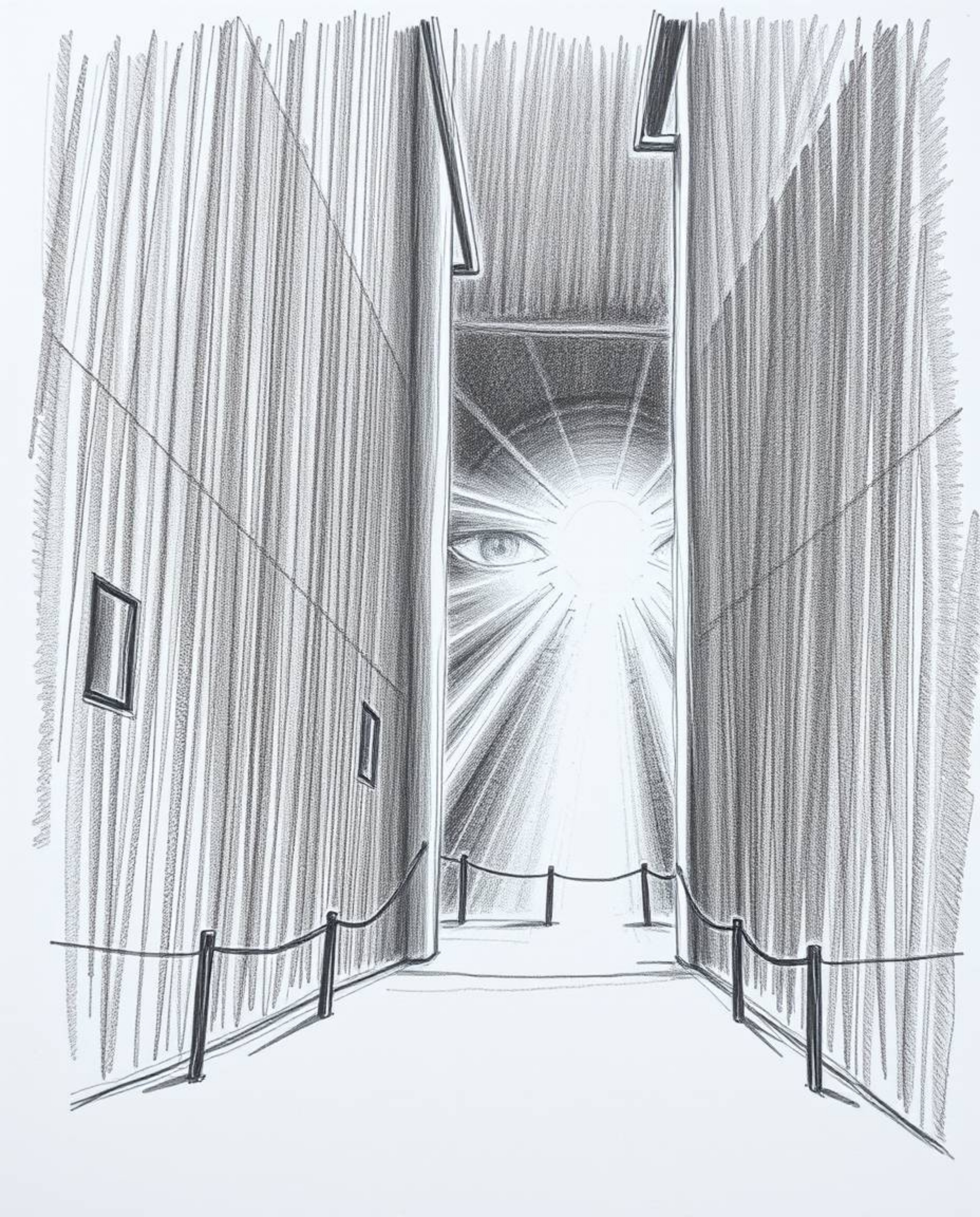 A captivating hand-drawn sketch featuring eyes watching from the shadows of a dark alley at night. Volumetric lighting illumi
