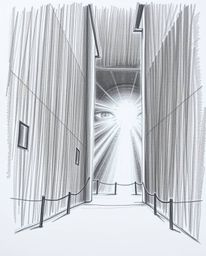 A captivating hand-drawn sketch featuring eyes watching from the shadows of a dark alley at night. Volumetric lighting illumi